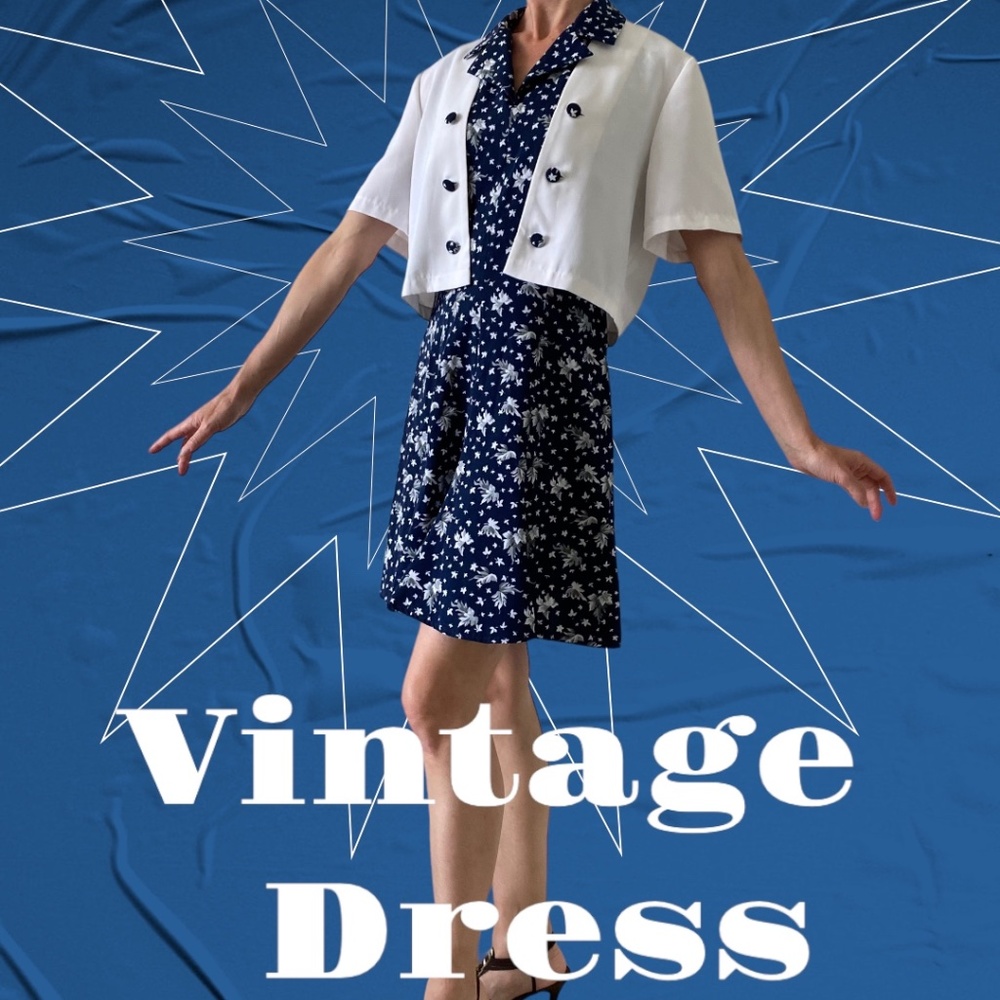 Vintage 90s Moda Made in Europe Dark Blue & White Bolero Dress size EU40/M